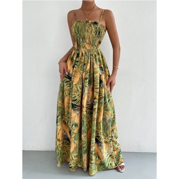 Womens Tropical Print Shirred Split Thigh Cami Maxi Dress - Picture 3 of 6